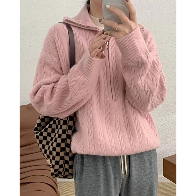 Women's Sweater Fashion Casual Solid Color Ribbed Half Zip Knitted Long Sleeve Regular Tops Knit Outdoor Daily Weekend Pink Fall Winter