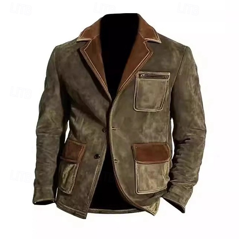 Men's Faux Suede Jacket Faux Suede Blazer Business Cocktail Party Wedding Party Fashion Casual Spring &  Fall Polyester Color Block Pocket Buttons Comfortable Single Breasted Blazer Green4