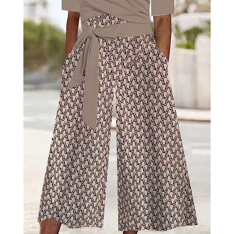 Women's Normal Jumpsuit Streetwear Geometric Half Sleeve Wide Leg U Neck Pocket Street Daily Regular Fit Khaki Spring3