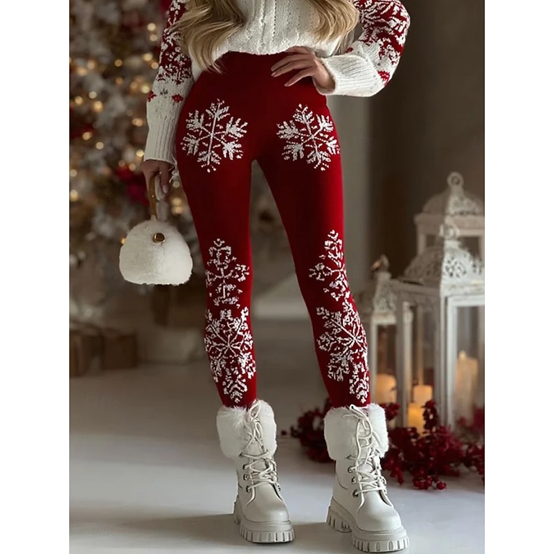 Women's Leggings Vacation Vintage Ethnic Style Full Length High WaistPantsUgly Christmas Graphic Snowflake Christmas 3D Print Quick Dry Breathability Soft Stretchy Outdoor Home Causal Burgundy Summer