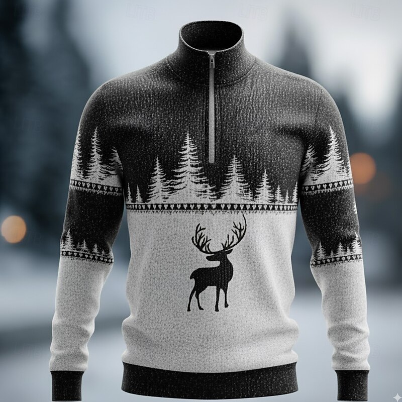 Christmas Men's Elk Polo Long Sleeve Standing Collar Athleisure Vacation Casual Daily Festival 3D Print Spring Fall Winter Black Green Red3