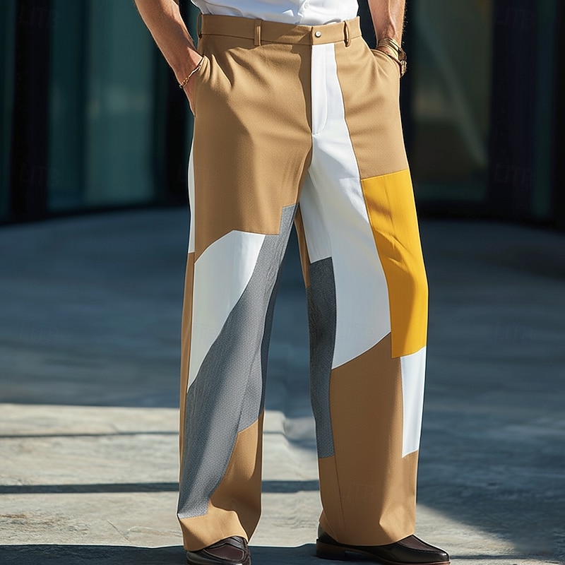 Men's Geometric Color Block Trousers Dress Pants Suit Pants Mid Waist Business Casual Dailywear Holiday Streetwear Relaxed Fit Flat Front Dress Pants with Side Pockets Spring Fall 3D Print Blue Green2