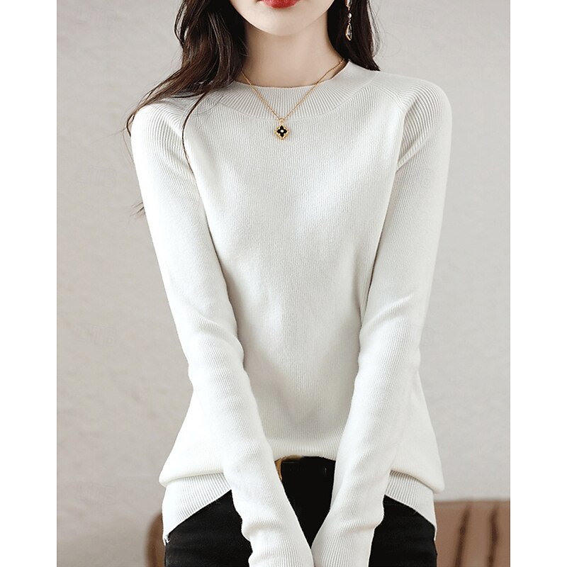 Women's Sweater Pullover Elegant Fashion Streetwear Pure Color Ribbed Crew Neck Knitted Long Sleeve Regular Tops Knit Outdoor Daily Weekend White Red Fall Winter3