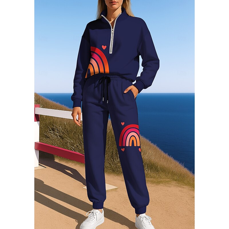Women's Tracksuit Sweatsuit Jogging Suit Drawstring Zipper Geometric Jacket and Sweatpants Athletic Clothing Set Spring Dark Navy Casual Workout Outdoor Soft Baggy Long Sleeve Sport Activewear