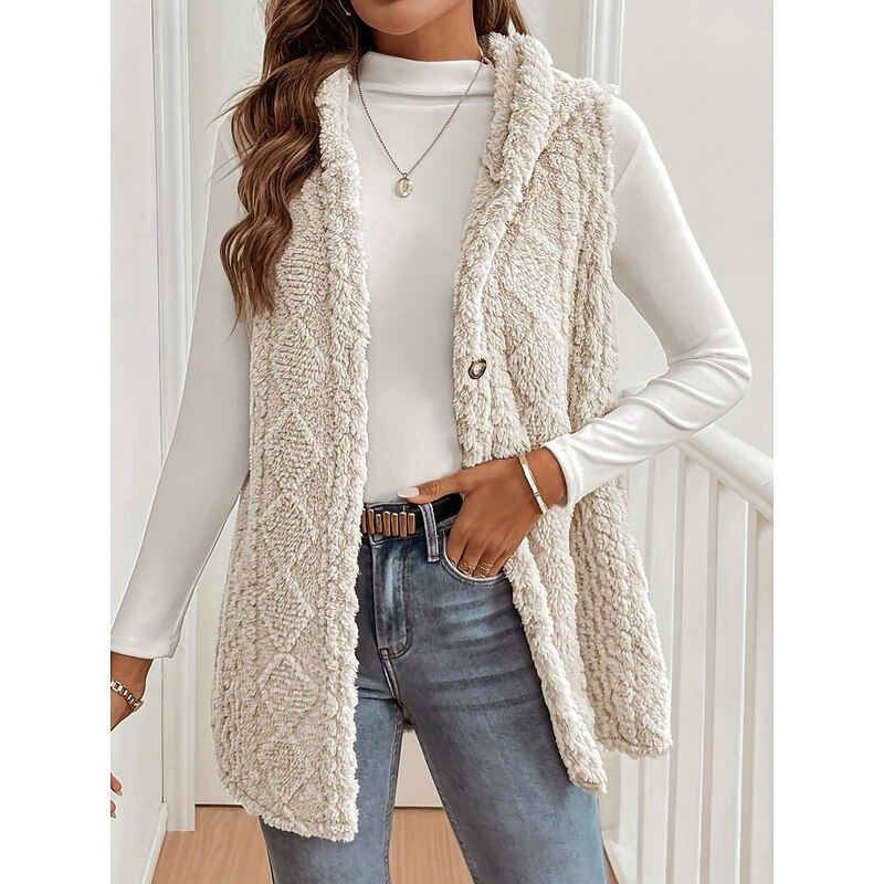 Women's Fleece Vest Comfortable Breathable Buttons Casual Plain Vacation Street Casual Daily Wear Single Breasted Long Hooded Regular Fit Sleeveless Outerwear Black Apricot Spring Fall3