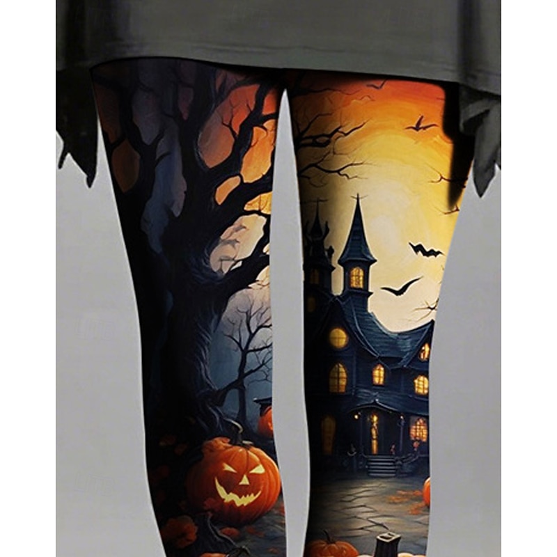 Women's Leggings Cozy Leggings Basic Casual Full Length High WaistPantsHalloween Graphic Printing Thermal Warm Comfortable Stretchy Vacation Casual Daily Orange Fall Winter Slim Fit2