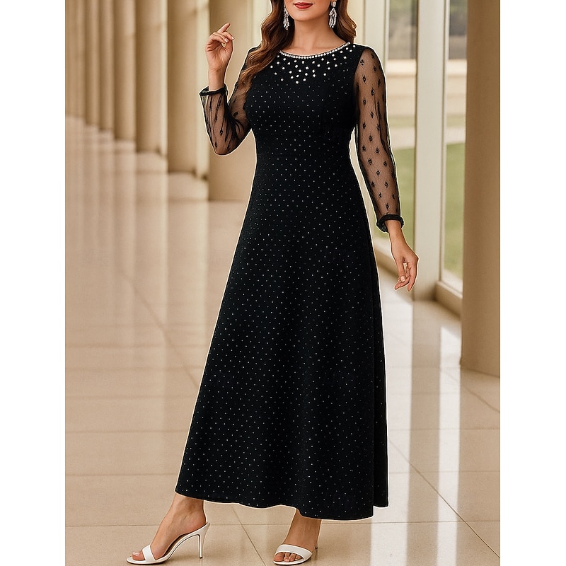 A-Line Mother of the Bride Dress Plus Size Sparkle & Shine Crew Neck Ankle Length Chiffon Polyester Long Sleeve with Pearls