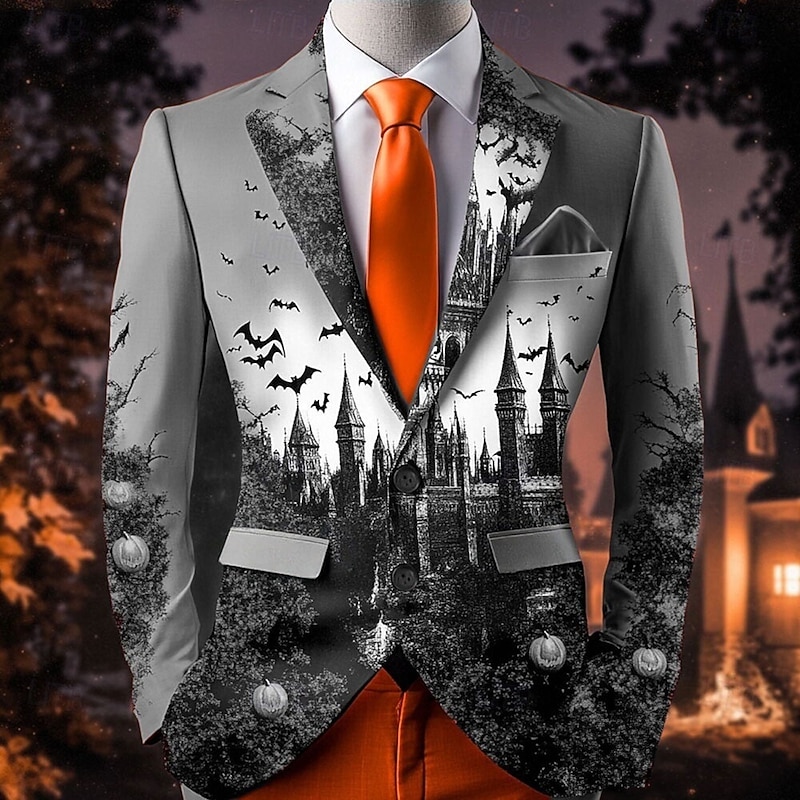 Men's Bat Castle Blazer Jacket Comfortable Artistic Casual Party Evening Wear Daily Festival 3D Print Buttons Multi Pocket Spring Fall & Winter Flat collar Long Sleeve Red Orange Green4