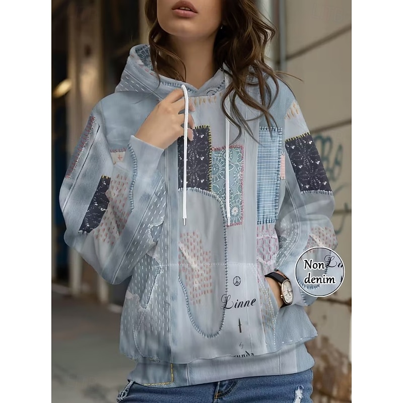 Women's Pullover Hoodie Sweatshirt Graphic Geometric Punk Active Vintage Long Sleeve Hooded Regular Tops Street Dailywear Patchwork Print Front Pocket Denim Blue Light Blue Spring Fall Winter2