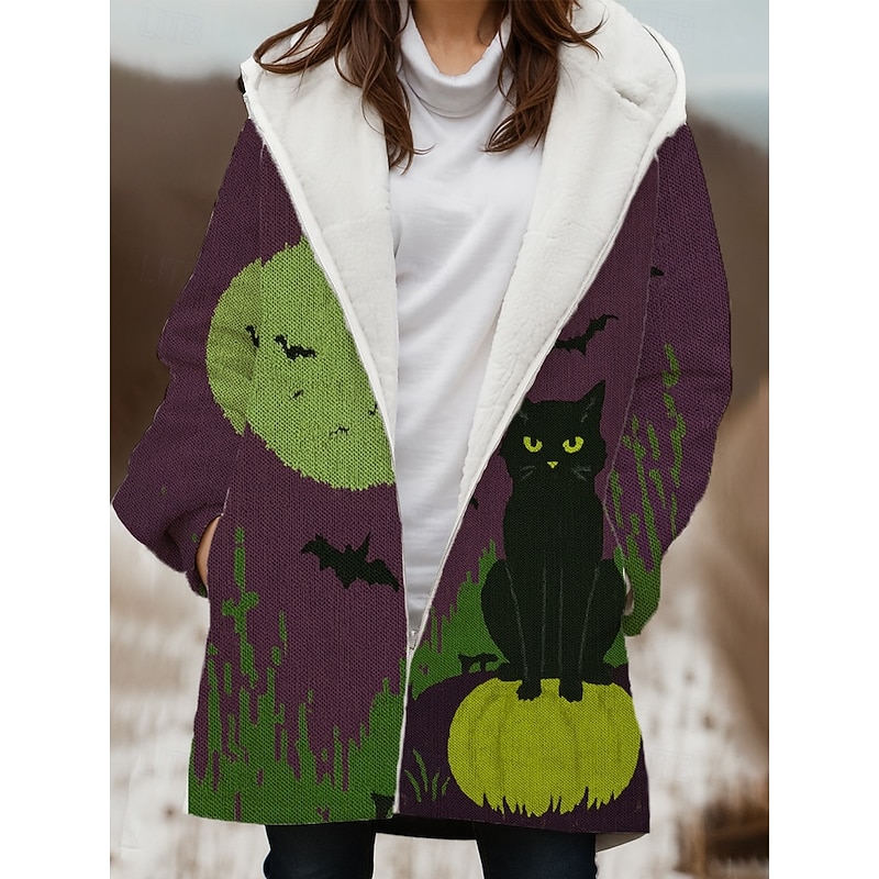 Women's Winter Coat Winter Jacket Windproof Warm Zipper Pocket Fleece Lined Casual Cat Outdoor Vacation Home Casual Long Hooded Regular Fit Long Sleeve Outerwear Red Blue Purple Winter3