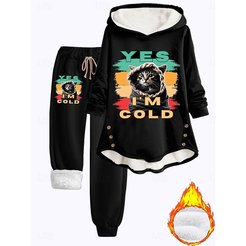 Women's Warm Daily Two Piece Sets Tracksuit Pants Sets Long Sleeve Hooded Graphic Animal Letter Drawstring Print Casual Daily Black Dark Pink Red Fall Regular Fit