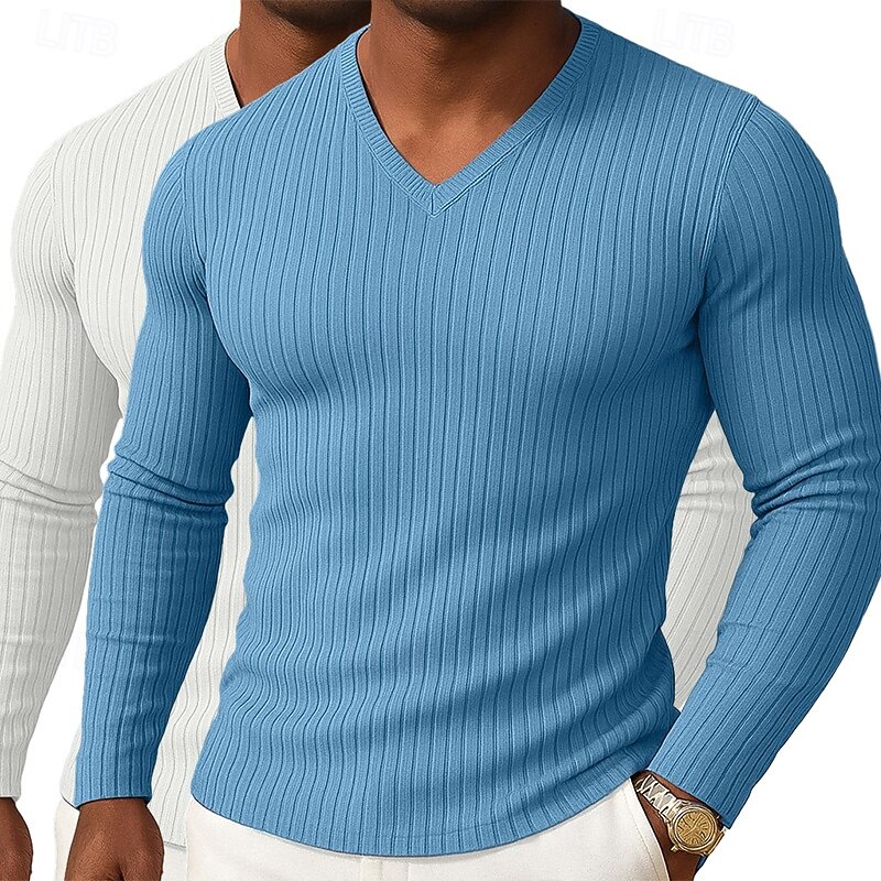 Men's T Shirt Muscle Shirt Ribbed Knit tee Tee Top Long Sleeve V Neck Spring Fall Winter Plain Pit Strip Fashion Designer Basic 2 Piece Knitting Basic Vacation Street Casual Blue Grey Purple+Blue2