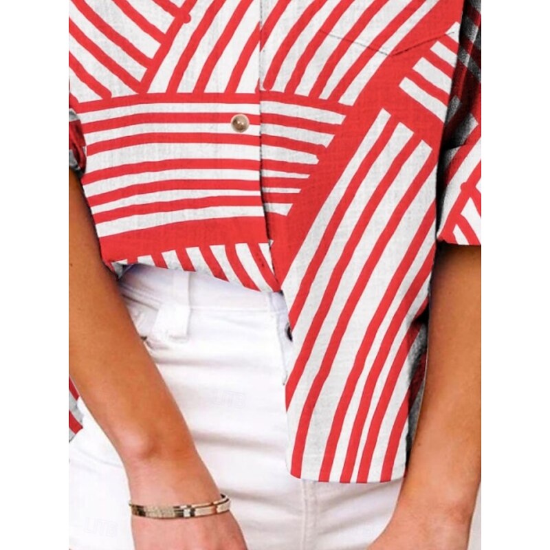 Women's Shirt Striped Active Daily Stylish Long Sleeve Shirt Collar Regular Tops Daily Holiday Buttons Print Red Summer Spring Fall3