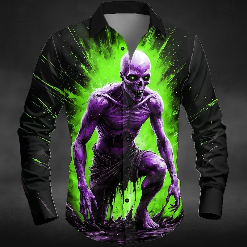 Halloween Men's Zombies Skeleton Horror Shirt Button Up Shirt Long Sleeve Dark Gothic Style Holiday Streetwear Spring Fall Turndown 3D Print Collared Shirts Black / Green Black-Red2
