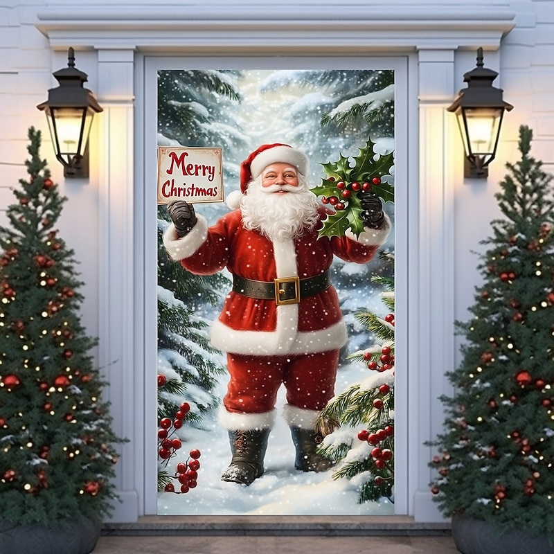 Christmas Door Cover, Classic Santa Holding North Pole Sign Door Curtain, Vintage 2025 Xmas Entrance Banner for Holiday Party and Outdoor Home Decoration