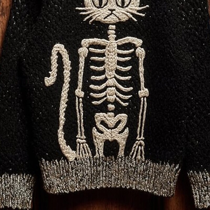 Women's Sweater Vintage Sweater Daily Casual Skeleton Ribbed Crew Neck Knitted Print Long Sleeve Regular Tops Knit Outdoor Halloween Weekend Black Fall Winter4