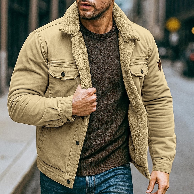 Men's Fleece Jacket Cargo Jacket Chore Jacket Formal Home Windbreaker Durable Pocket Fleece Collar Fall Winter Solid Color Active Vintage Collar Regular Navy Blue Khaki Army Green Jacket