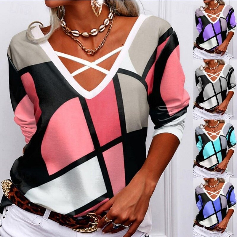 Women's Blouse Geometric Stylish Modern Casual Long Sleeve V Neck Regular Tops Daily Hollow Out Print Red Blue Purple Green Gray Spring Fall Winter