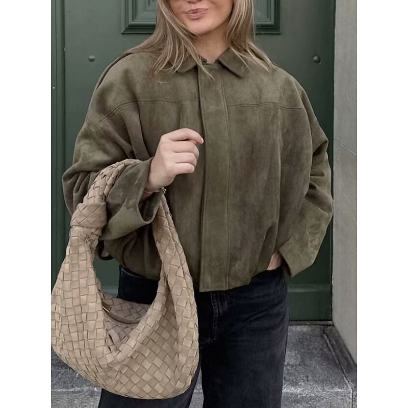 Women's Casual Jacket Comfortable Breathable Zipper Casual Plain Vacation Street Casual Daily Wear Zipper Short Turndown Loose Fit Long Sleeve Outerwear Black Red Brown Spring Fall4