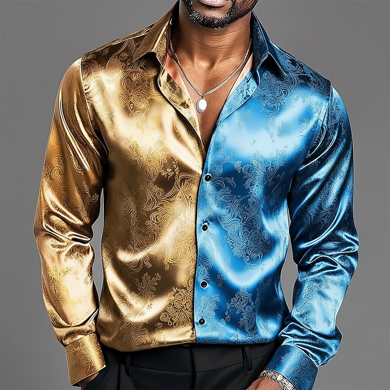Men's Ethnic Intricate Floral Flowers Shirt Satin Shirt Dress Shirt Long Sleeve Vintage Retro Vacation Dailywear Summer Spring Fall Turndown 3D Print Button Up Shirts Blue Purple Gold Light Grey Gray3
