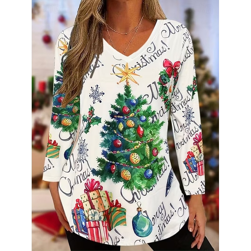 Christmas Women's T Shirt Graphic Christmas Tree Vintage Stylish Casual Long Sleeve V Neck Regular Tops Daily Print White Spring Fall Winter