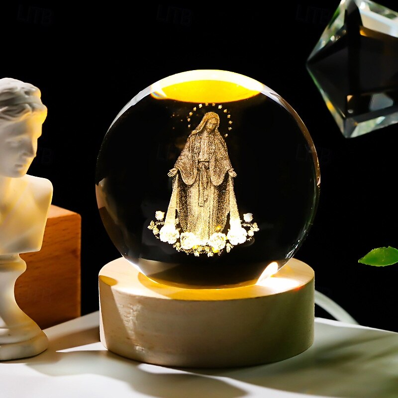3D Crystal Virgin Mary Statue Figurine with Wooden Base, Laser Etched Crystal Our Lady of Guadalupe Glass Sphere Statue, 3D Crystal Ball Mother Mary Christian Catholic Religious Easter Gifts3