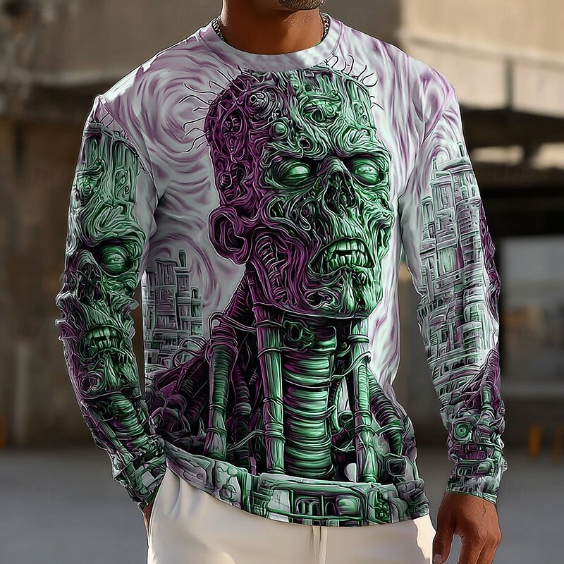Halloween Men's Optical Illusion Zombies 3D T Shirt Long Sleeve T shirt 3D Print Crew Neck Shirt Fashion Exaggerated Street Casual Daily Blue Green Gray Summer Spring Fall Clothing Apparel S M L XL3