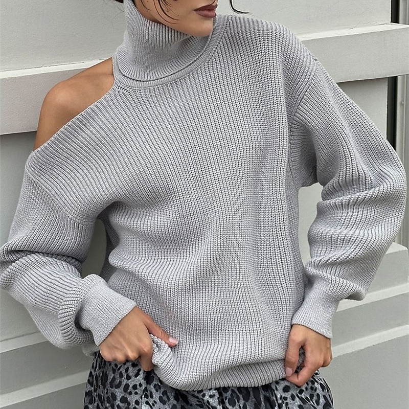 Women's Sweater Pullover Fashion Streetwear Casual Pure Color Ribbed Turtleneck Knitted Cold Shoulder Long Sleeve Regular Tops Knit Outdoor Daily Weekend Black Red Fall Winter