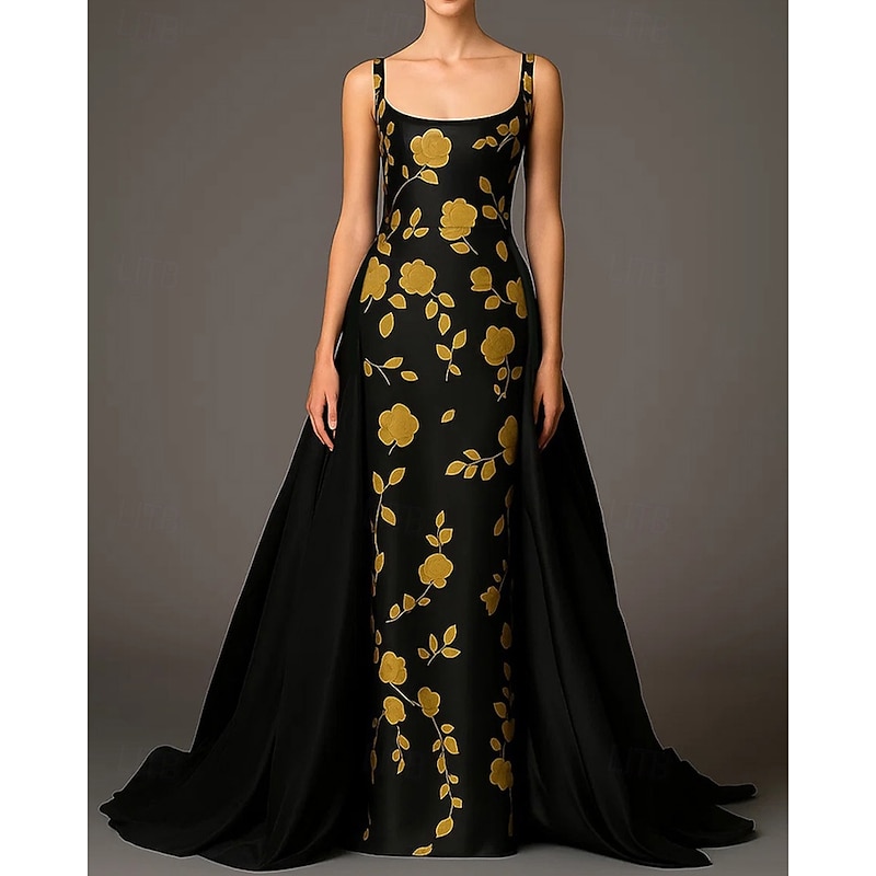Black and Gold Floral Print A-Line Evening Gown Elegant Formal Dress Formal Wedding Court Train Sleeveless Square Neck Pocket Stretch Satin with Overskirt 2025