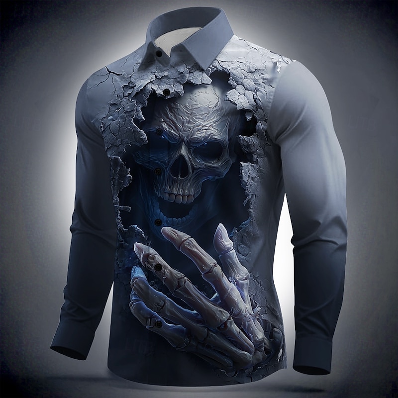 Halloween Men's Skull Grim Reaper Horror Shirt Button Up Shirt Long Sleeve Dark Punk Gothic Style Outdoor Holiday Summer Spring Turndown 3D Print Collared Shirts Blue