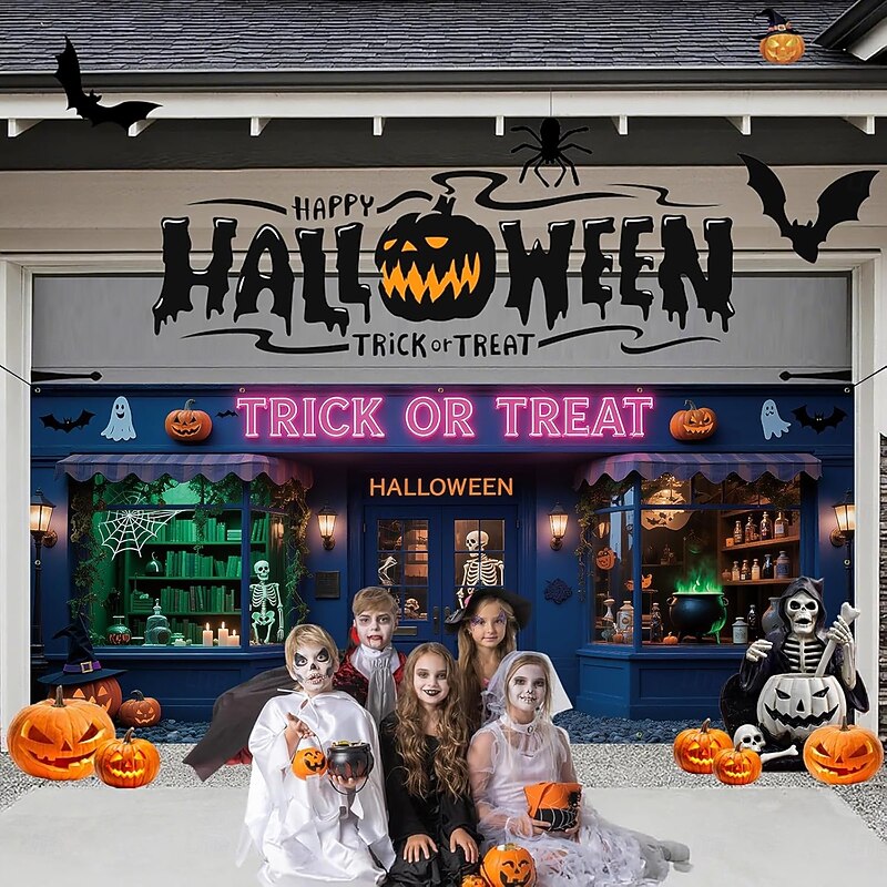 Halloween Garage Door Cover Halloween Store Pumpkin Skull Bat Cross Tomb Banner Haunted House Horror Scene Spooky Backdrop Tapestry for Outdoor Wall Fence Yard Decor3