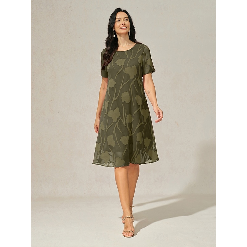 Women's Knee Length Dress Chiffon Dress Elegant Casual Loose Fit Floral Short Sleeve Crew Neck Olive Summer