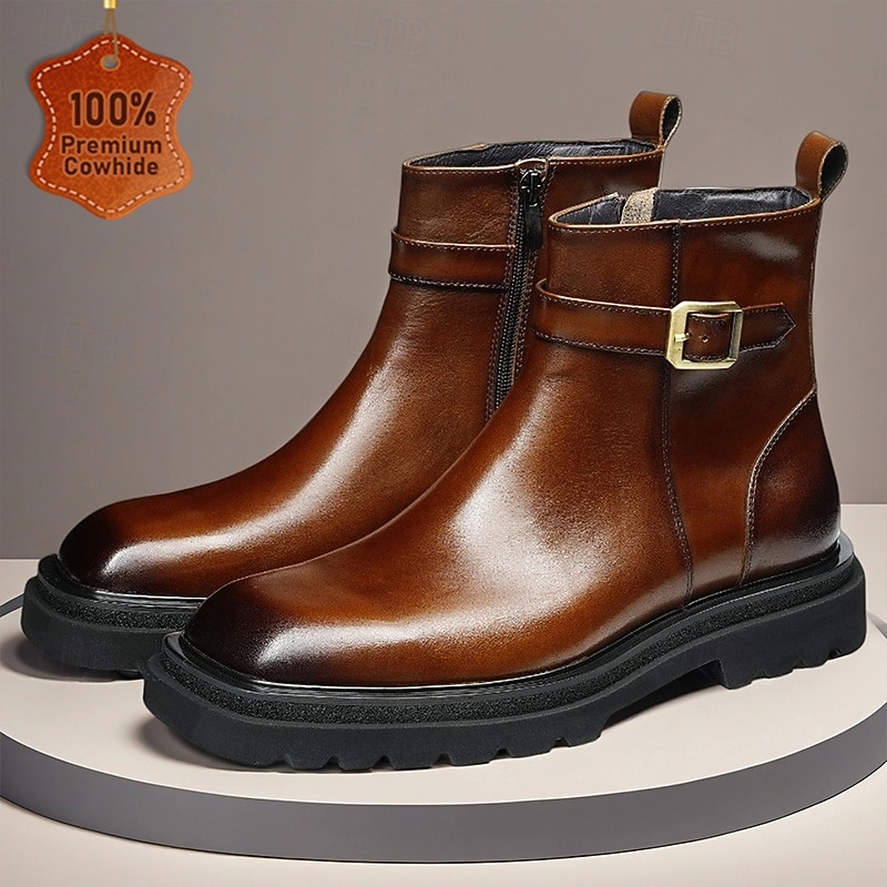 Men's Brown Buckle Ankle Boots Classic Side Zip Casual Boots with Decorative Strap for Office, Parties and Daily Outfits