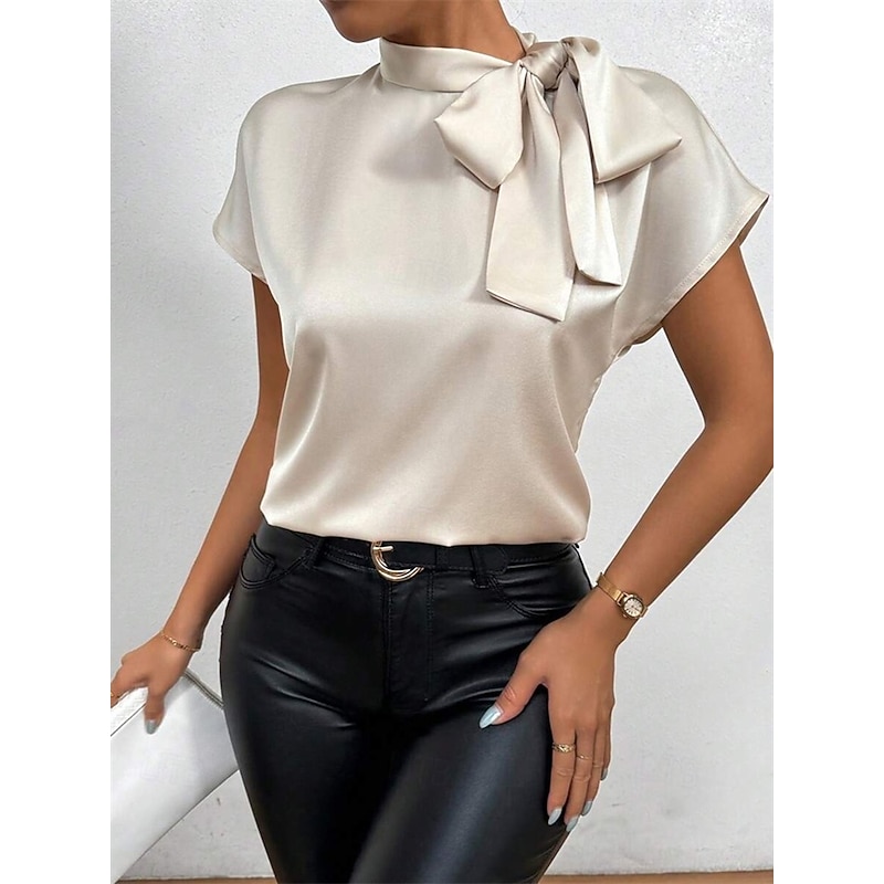 Women's Shirt Elegant Dressy Satin Solid Color Elegant Stylish Basic Short Sleeve High Neck Regular Tops Daily Going out Bow Black Wine Blue Apricot Summer Spring