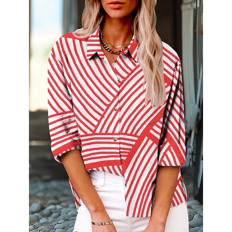 Women's Shirt Striped Active Daily Stylish Long Sleeve Shirt Collar Regular Tops Daily Holiday Buttons Print Red Summer Spring Fall