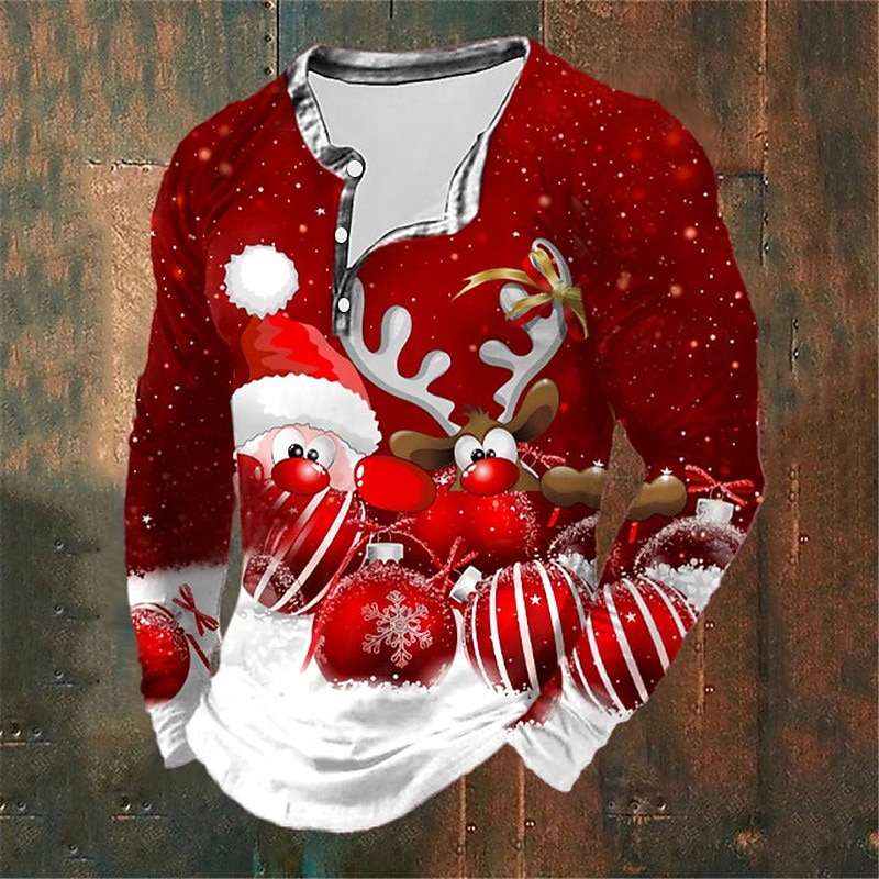 Christmas Men's Christmas Scene Henley T Shirt Graphic Santa Claus Moose Fashion Daily Casual 3D Print Henley Casual Holiday Going out Blue Red & White Green Long Sleeve Henley Spring &  Fall Clothing3