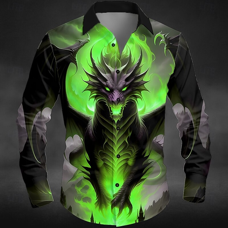 Halloween Men's Dragon Hellfire Flames Devil Shirt Button Up Shirt Long Sleeve Dark Gothic Style Holiday Streetwear Spring Fall Turndown 3D Print Collared Shirts Black / Green Black / Purple Black2