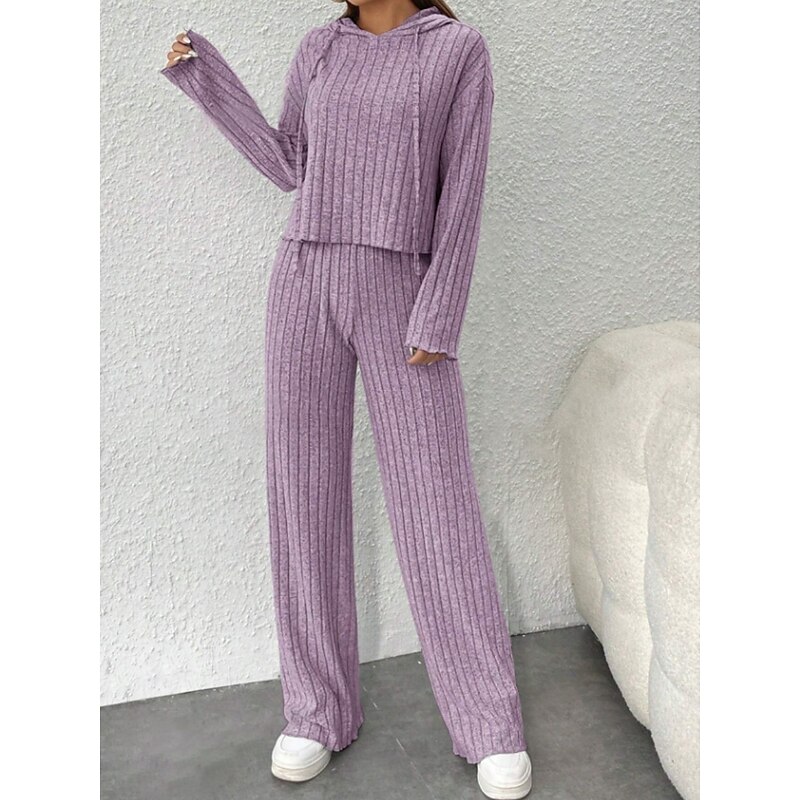 Women's Fashion Streetwear Pants Sets Bolero Top Long Sleeve Hooded Solid Color Outdoor Work Casual Black Purple Green Fall Regular Fit3