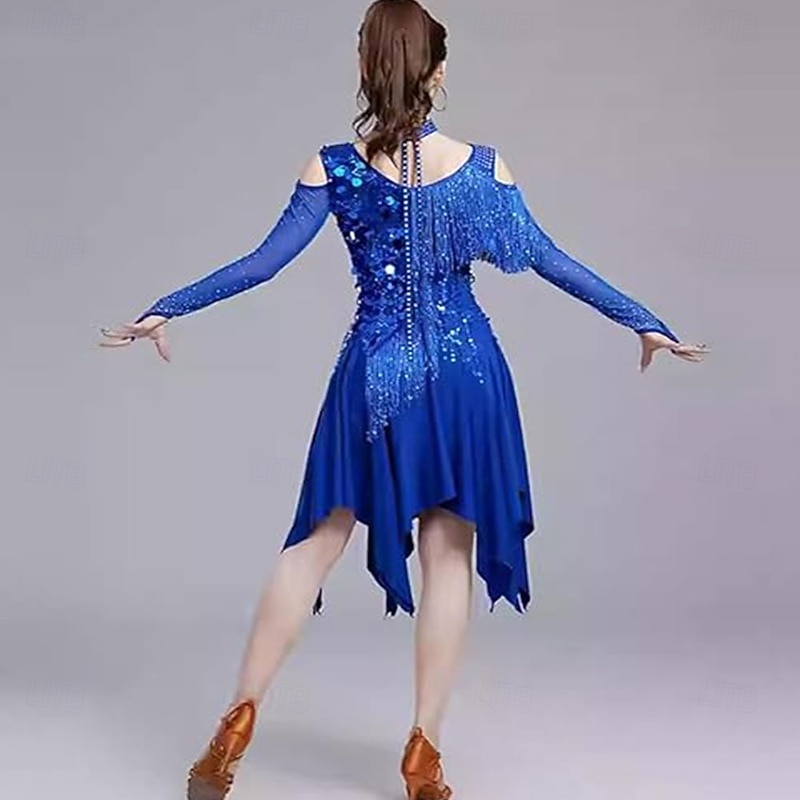 Women Fringe Latin Dance Competition Dress Mesh Long Sleeves Ballroom Waltz Cha Cha Salsa Practice Skirt Necklace4