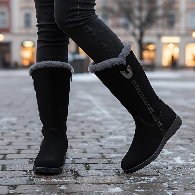 Women's Black Suede Winter Boots with Faux Fur Lining and Side Zipper - Warm and Stylish Mid-Calf Boots for Cold Weather4