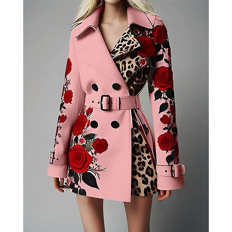 Women's Winter Coat Coat Warm Comfortable Pocket Buttons Fashion Casual Floral Vacation Street Casual Daily Wear Short Long Turndown Regular Fit Long Sleeve Outerwear White Yellow Pink Spring Fall3