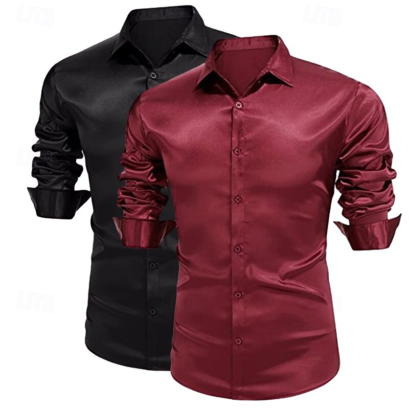 Men's Shirt Silk Like Satin Shirt Dress Shirt Casual Shirt Button Up Shirt Plain Formal Wedding White+Green Green+red White+Black White+Blue Long Sleeve Lapel Spring &  Fall All Seasons Clothing2