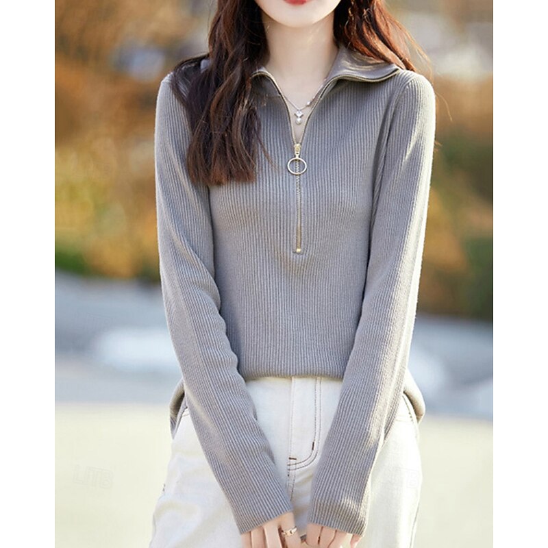 Women's Sweater Casual Soft Pure Color Ribbed Half Zip Knitted Long Sleeve Regular Tops Knit Outdoor Daily Weekend Gray Fall Winter3