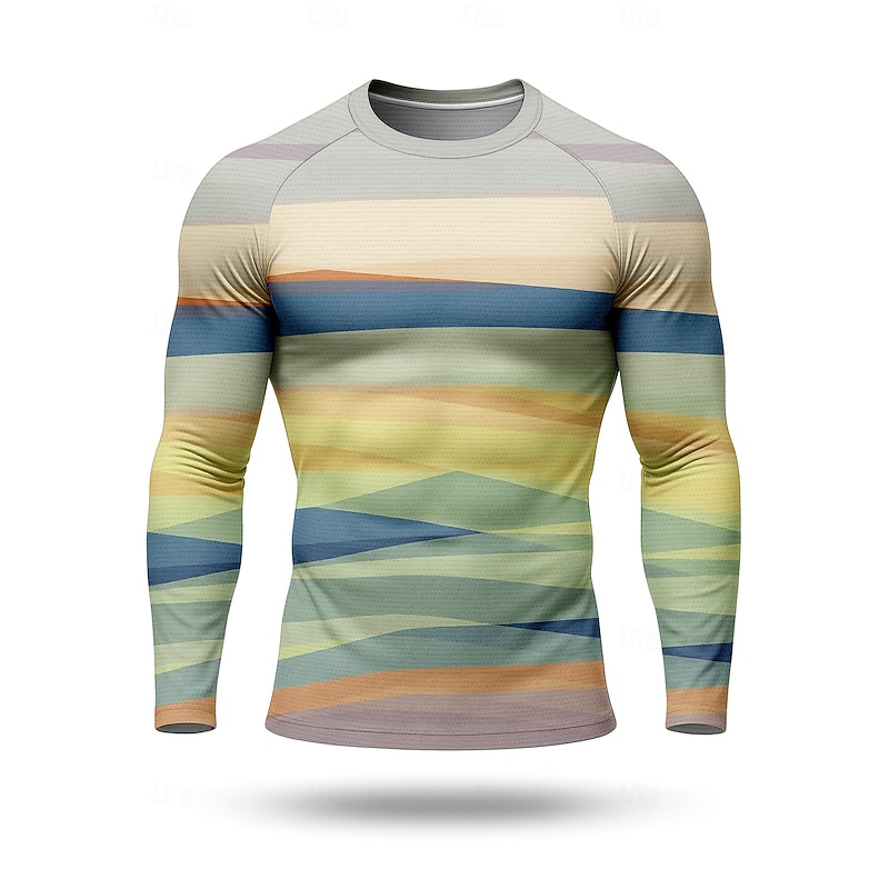 Men's Compression Shirt Running Shirt 3D Print Long Sleeve Base Layer Geometric Quick Dry Compression Power Flex Moisture Wicking Gym Workout Active Training Cycling Sportswear Activewear Blue