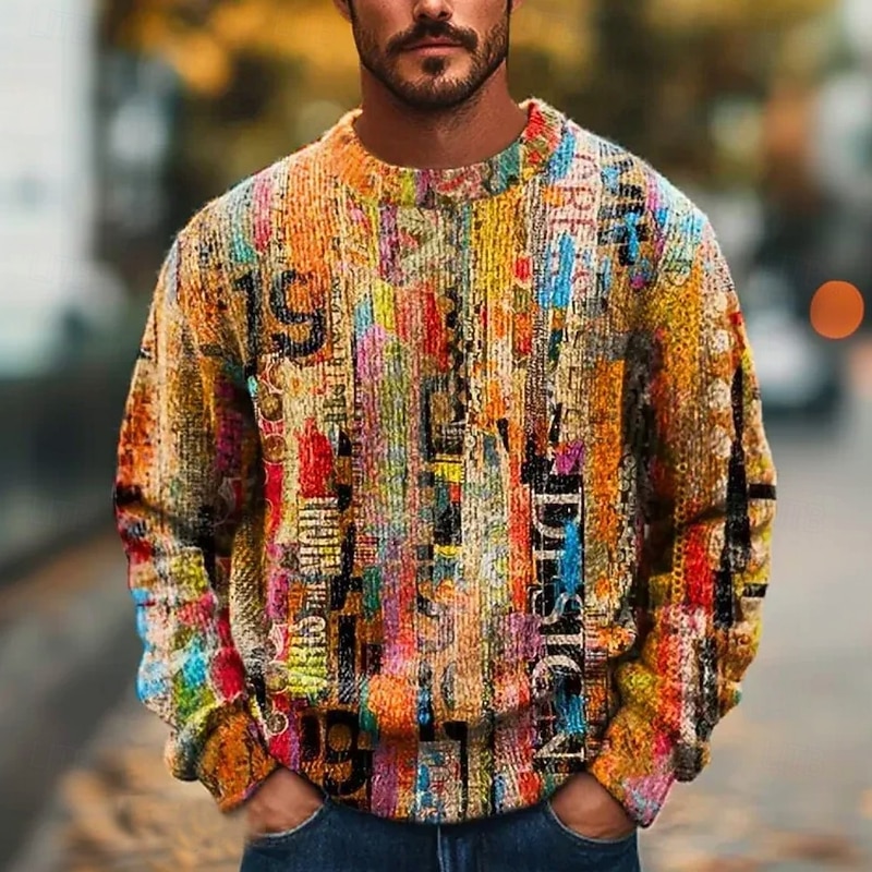 Men's Geometric Color Block Pullover Sweater Jumper Knitwear Crewneck Retro Vintage Casual Vacation Home Street 3D Print Knitting Keep Warm Long Sleeve Spring Fall Winter Blue Orange Amethyst3
