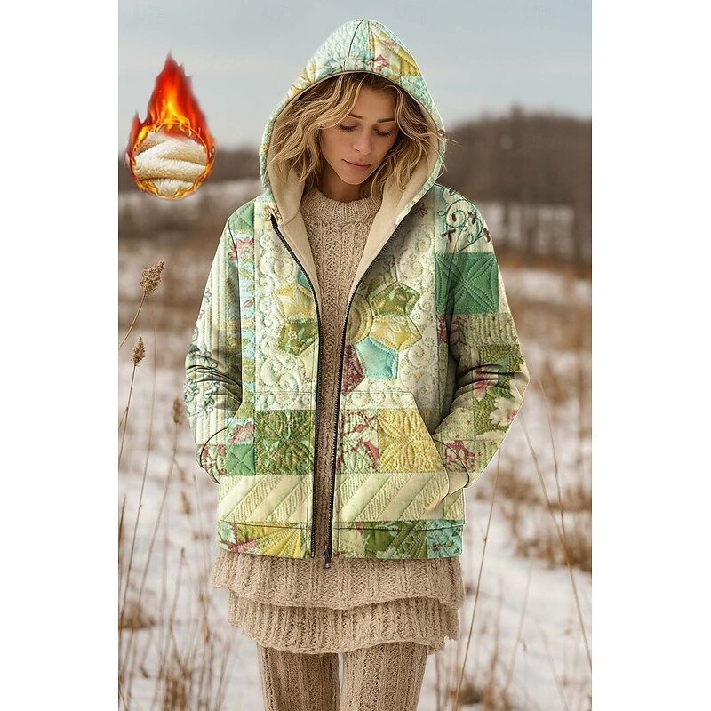 Women's Zip Up Hoodies Floral Graphic Paisley Warm Active Vintage Long Sleeve Hooded Regular Tops Home Party Evening Wear Dailywear Zip Up Patchwork Zipper Green Khaki Spring Fall Winter2