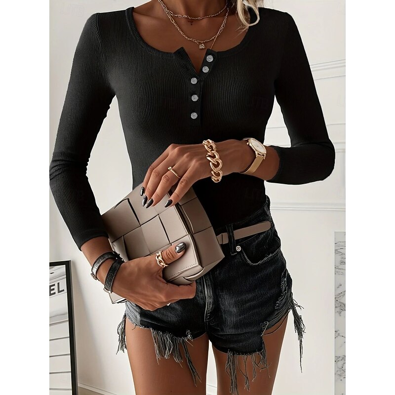 Women's Blouse Solid Color Stylish Casual Long Sleeve Square Neck Regular Tops Daily Buttons Black White Brown Green Spring Fall3