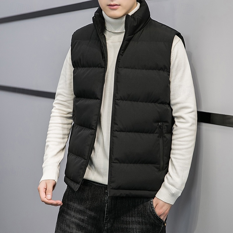 Men's Puffer Vest Vest Gilet Vacation Daily Date Fashion Casual Fall Winter Pocket Polyester Warm Comfortable Solid Color Zipper Stand Collar Regular Fit Black Red Light Grey Dark Blue Vest