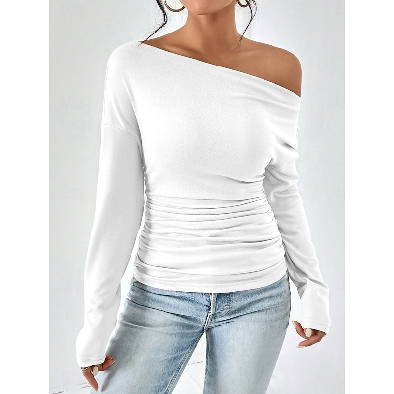 Women's Blouse Solid Color Stylish Casual Long Sleeve Cold Shoulder Regular Tops Daily Ruched Black White Yellow Red Gray Spring Fall4
