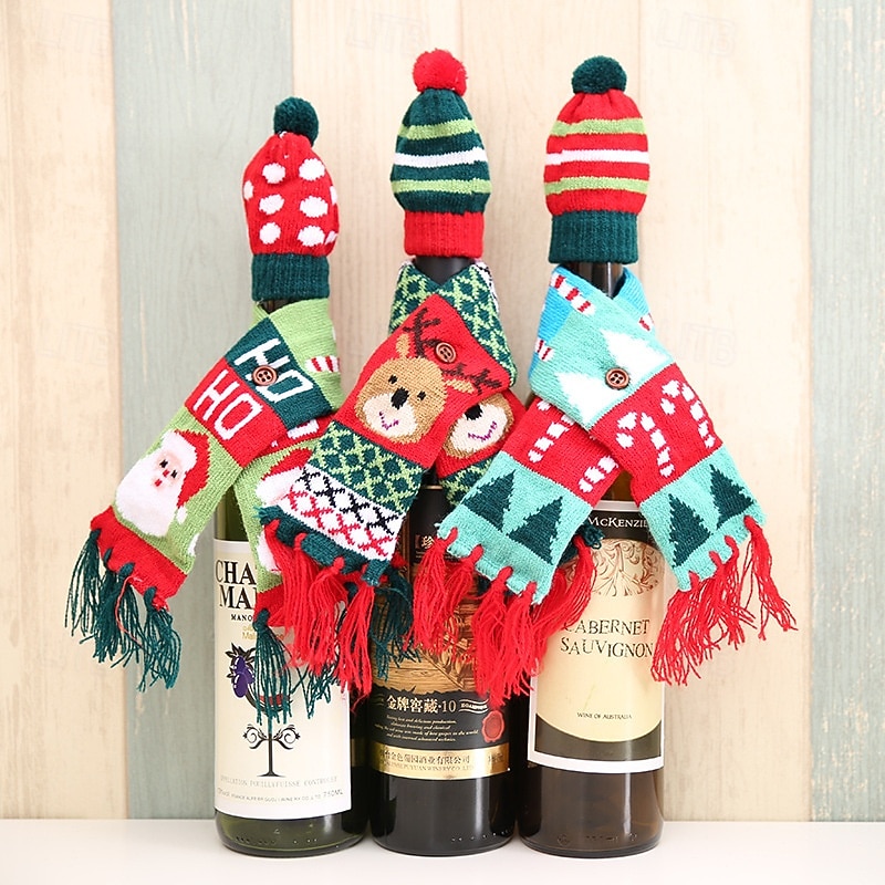 3 Pack Christmas Wine Bottle Decorations, Knit Scarf and Hat Covers, Holiday Red Wine Bottle Accessories, Xmas Champagne Bag Set, Party Table Decorations, Reusable Gift Wrapping Supplies3